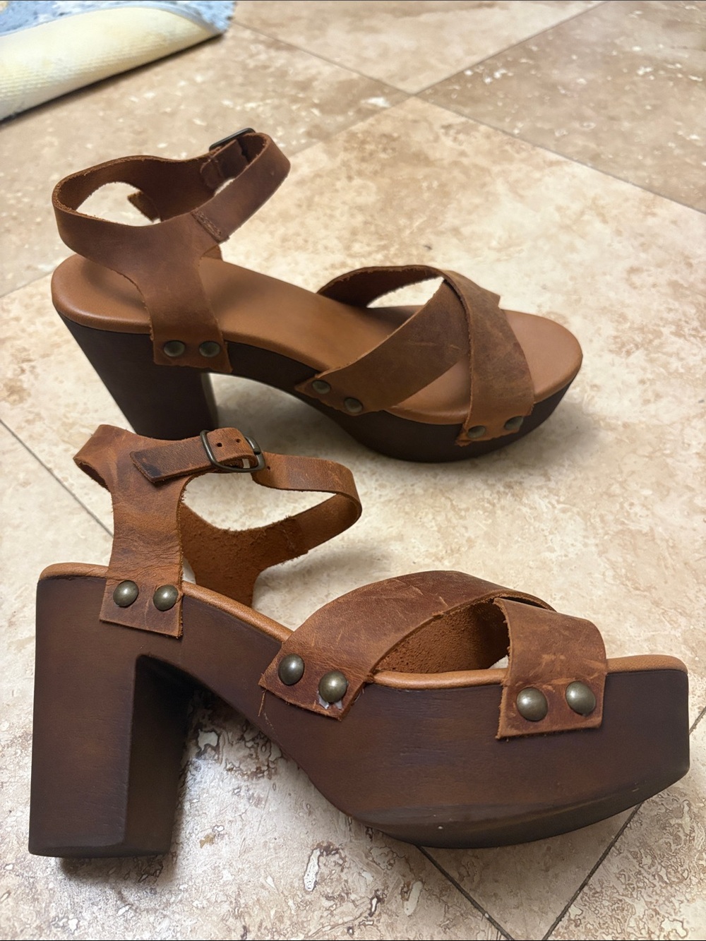 Italian leather Women's Brown Leather Platform Sandals with Ankle Strap